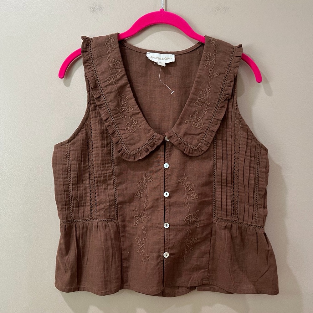 Jennifer & Grace Brown Embroidered Blouse Top Peter Pan Collar Pintuck Womens XS
